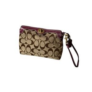 Coach Signature Logo Turn Lock Wristlet Tan Purple Gold Hardware